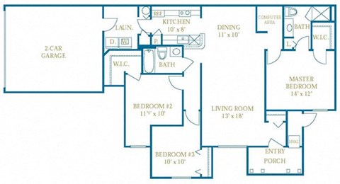 Floor plan for 3 beds, 2 baths, 1388 sqft