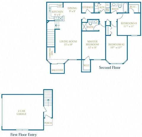 Floor plan for 3 beds, 2 baths, 1379 sqft