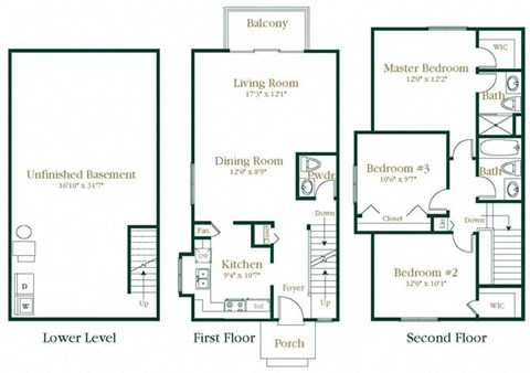 Floor plan for 3 beds, 2.5 baths, 1330 sqft