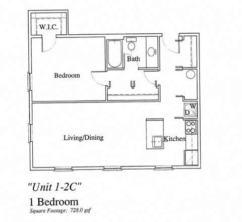 Floor plan for 1 bed, 1 bath, 571 sqft