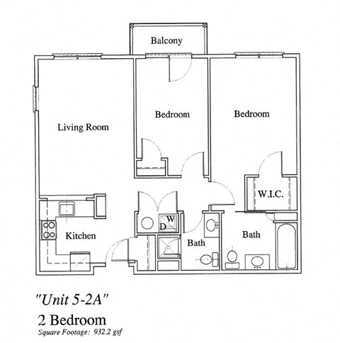 Floor plan for 2 beds, 2 baths, 926 sqft