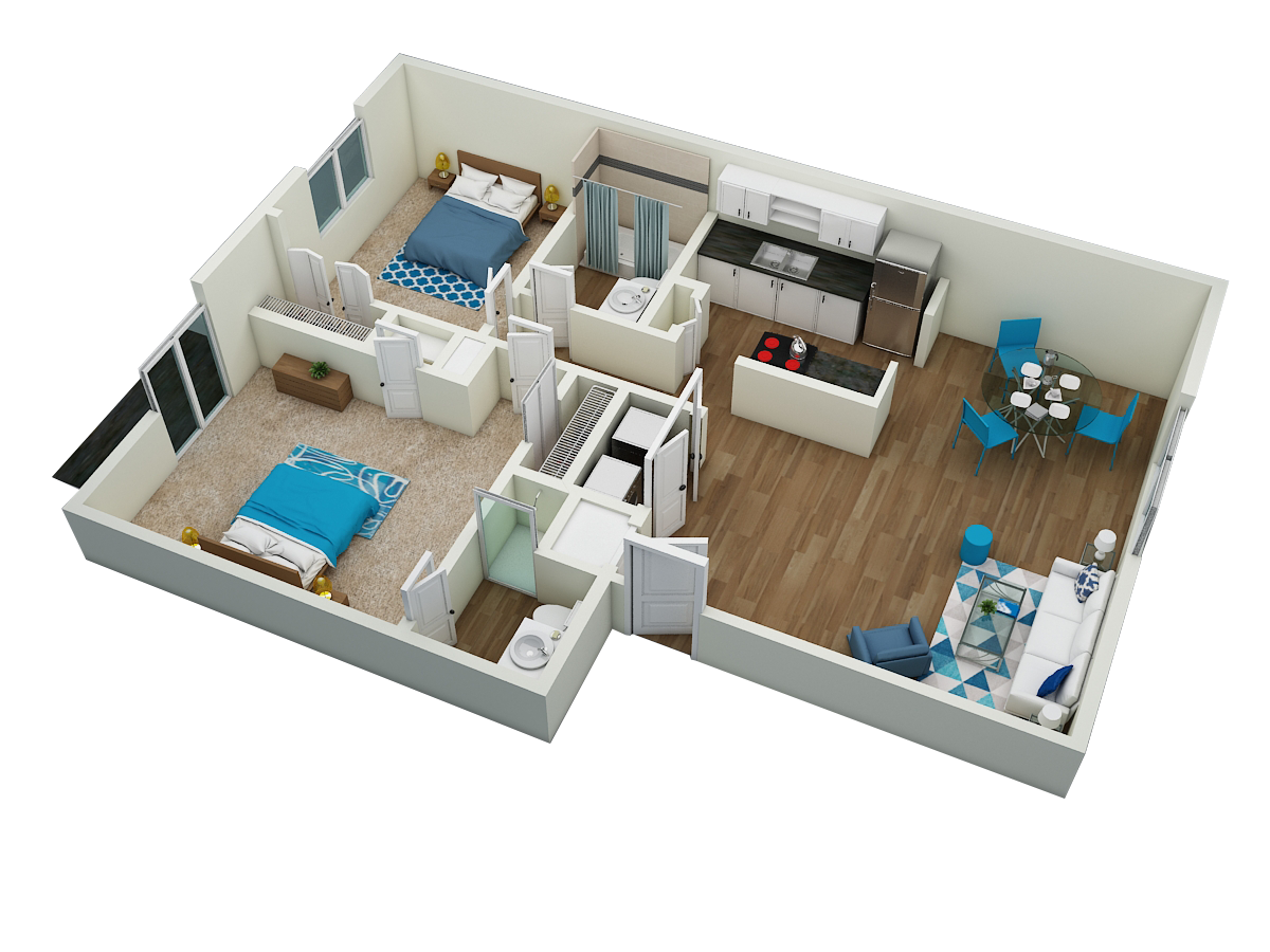 Floor plan for 2 beds, 2 baths, 1000 sqft