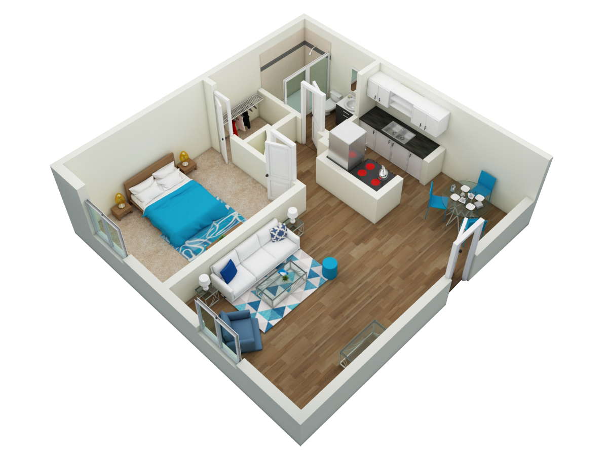 Floor plan for 1 bed, 1 bath, 680 sqft