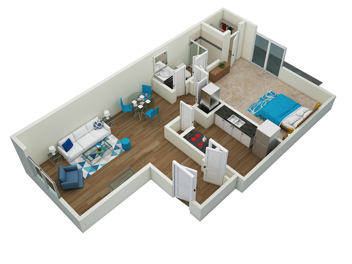 Floor plan for 1 bed, 1 bath, 750 sqft