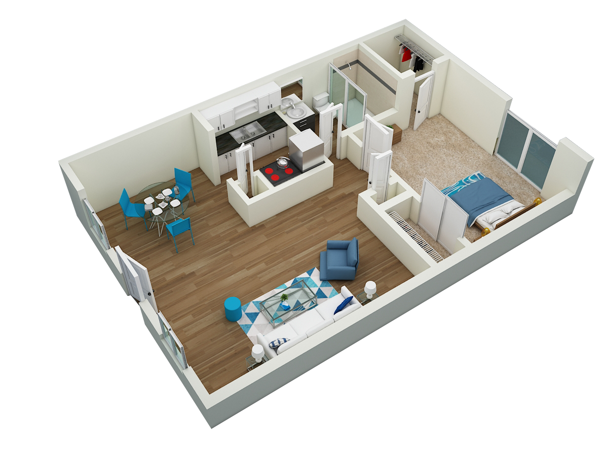 Floor plan for 1 bed, 1 bath, 720 sqft