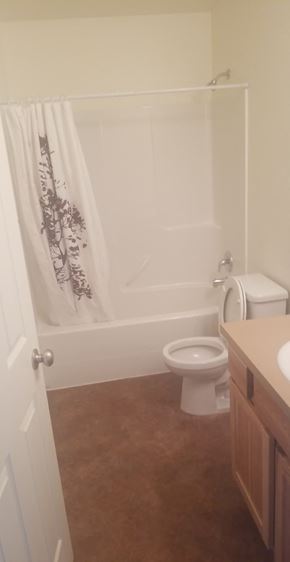Sidney apartment for rent - A white toilet sits in a bathroom next to a shower curtain.
