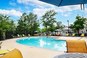 Jackson apartment for rent - A large outdoor swimming pool surrounded by trees and lounge chairs.