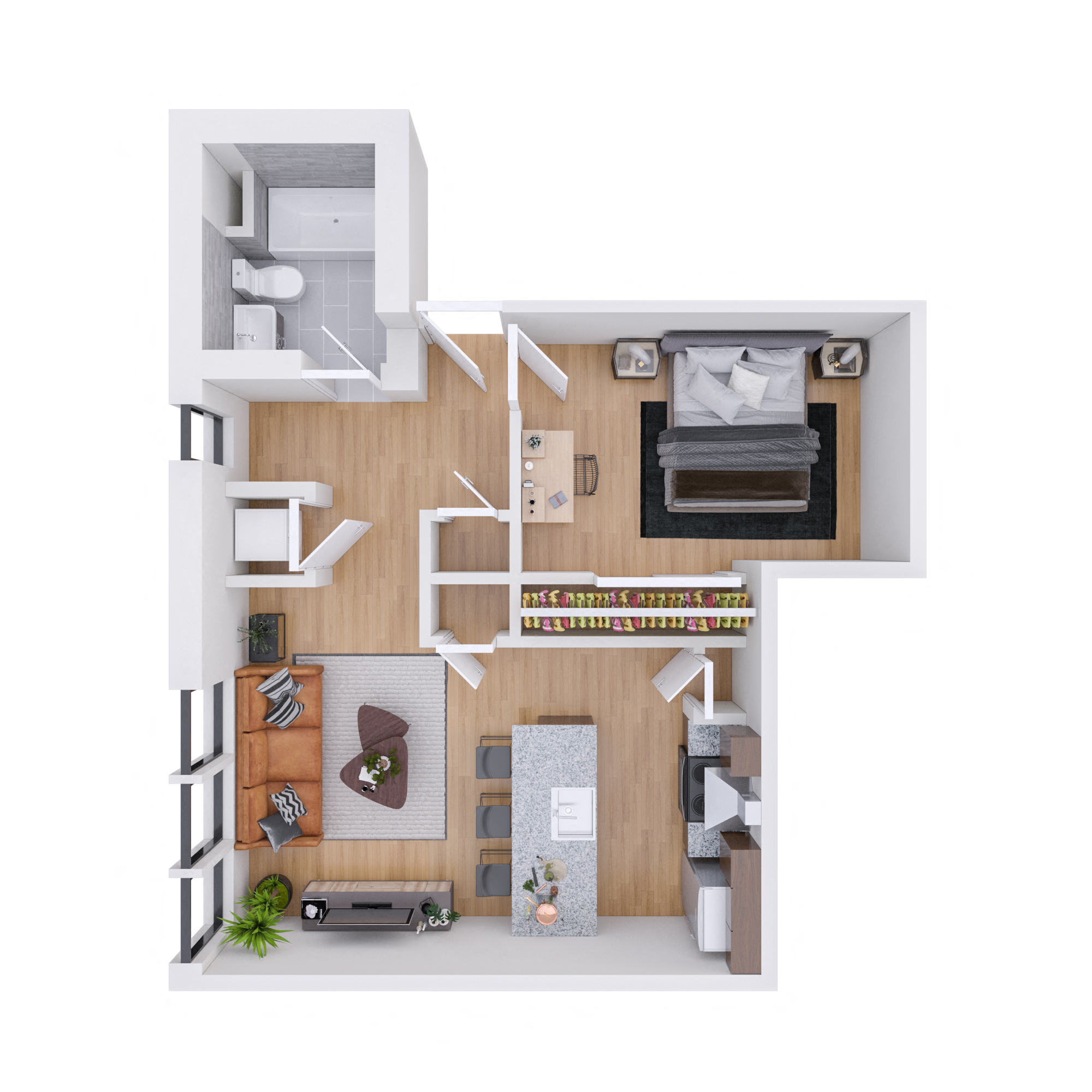 Floor plan for 1 bed, 2 baths, 632 sqft