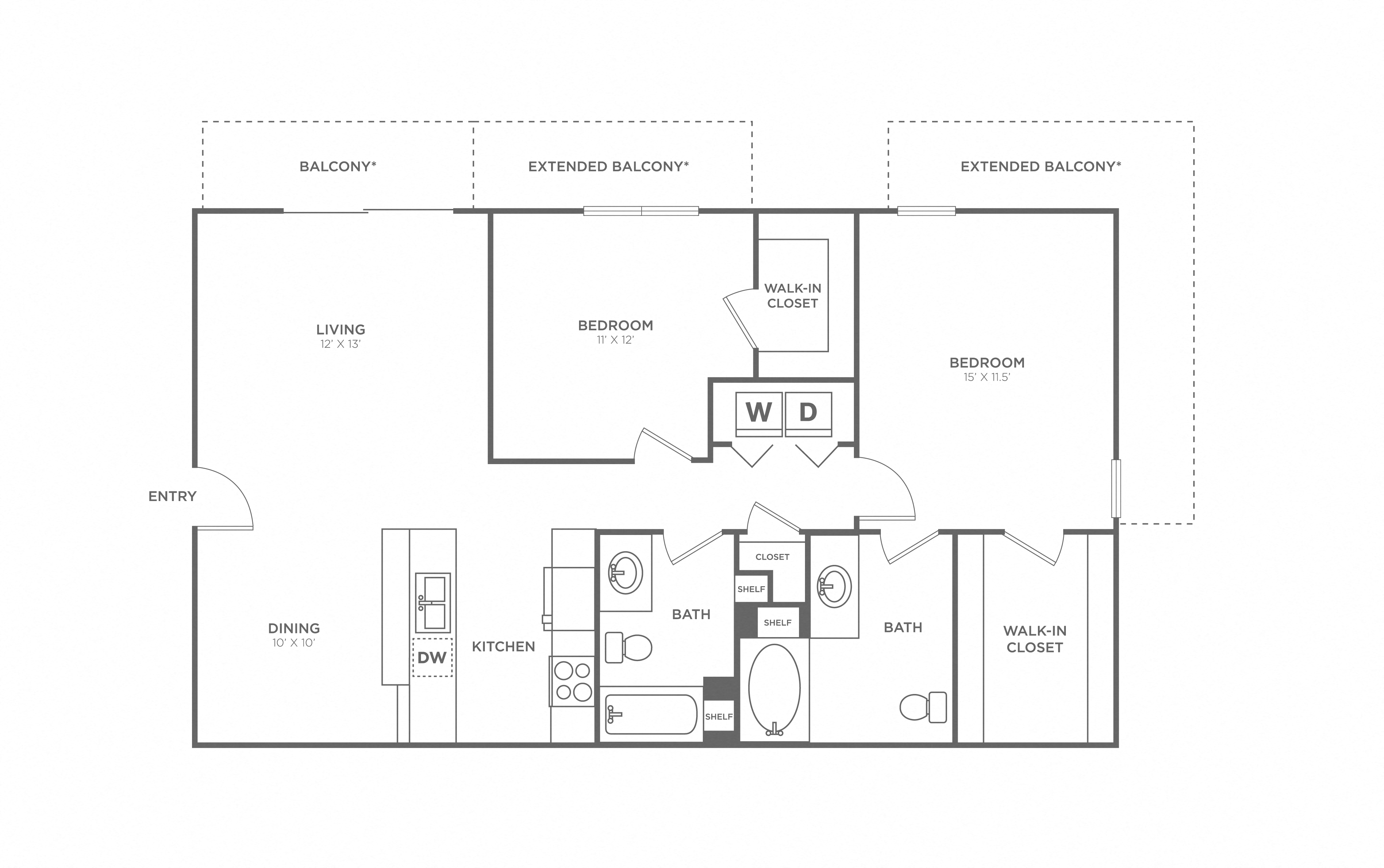 Floor plan for 2 beds, 2 baths, 1122 sqft