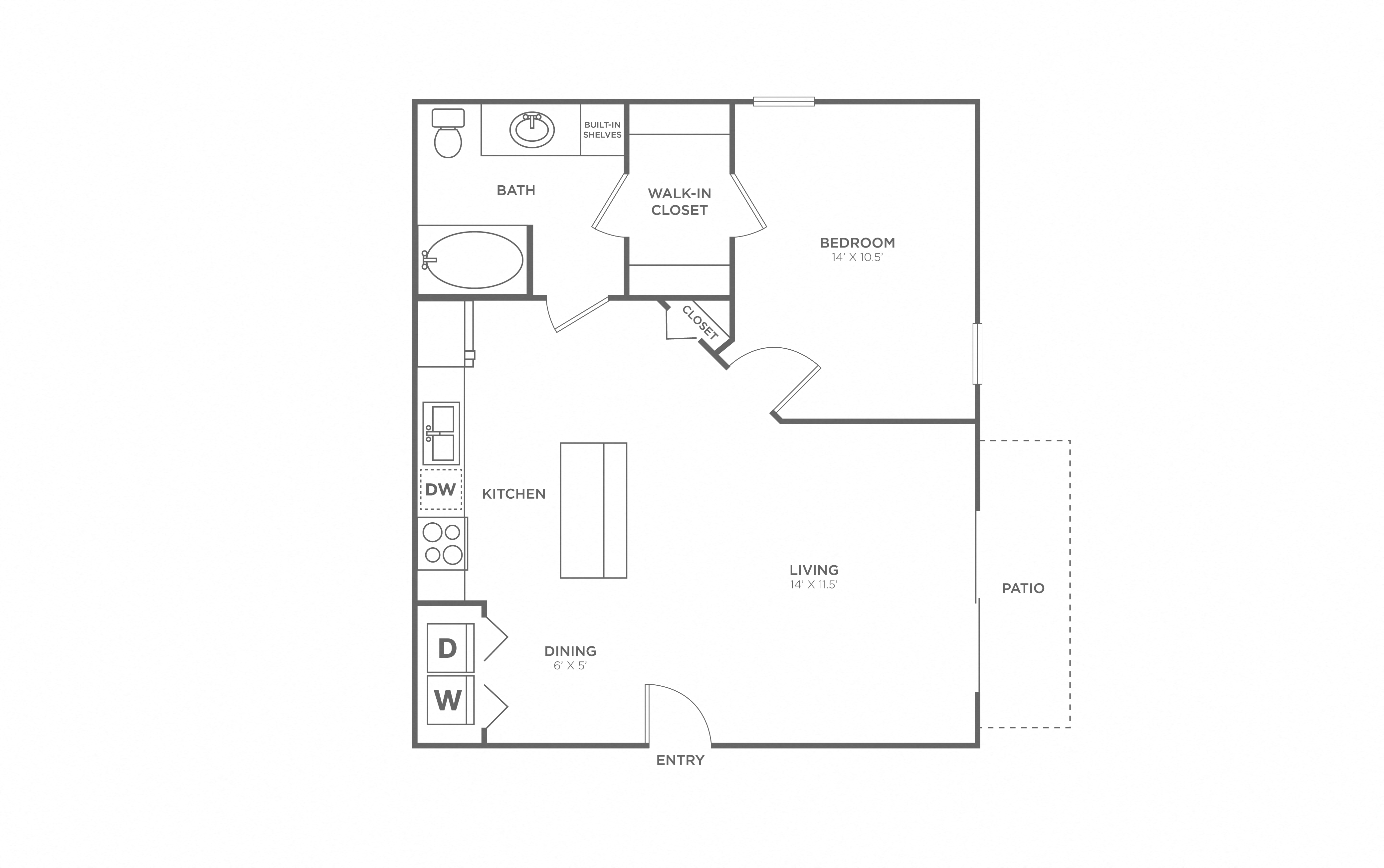Floor plan for 1 bed, 1 bath, 753 sqft
