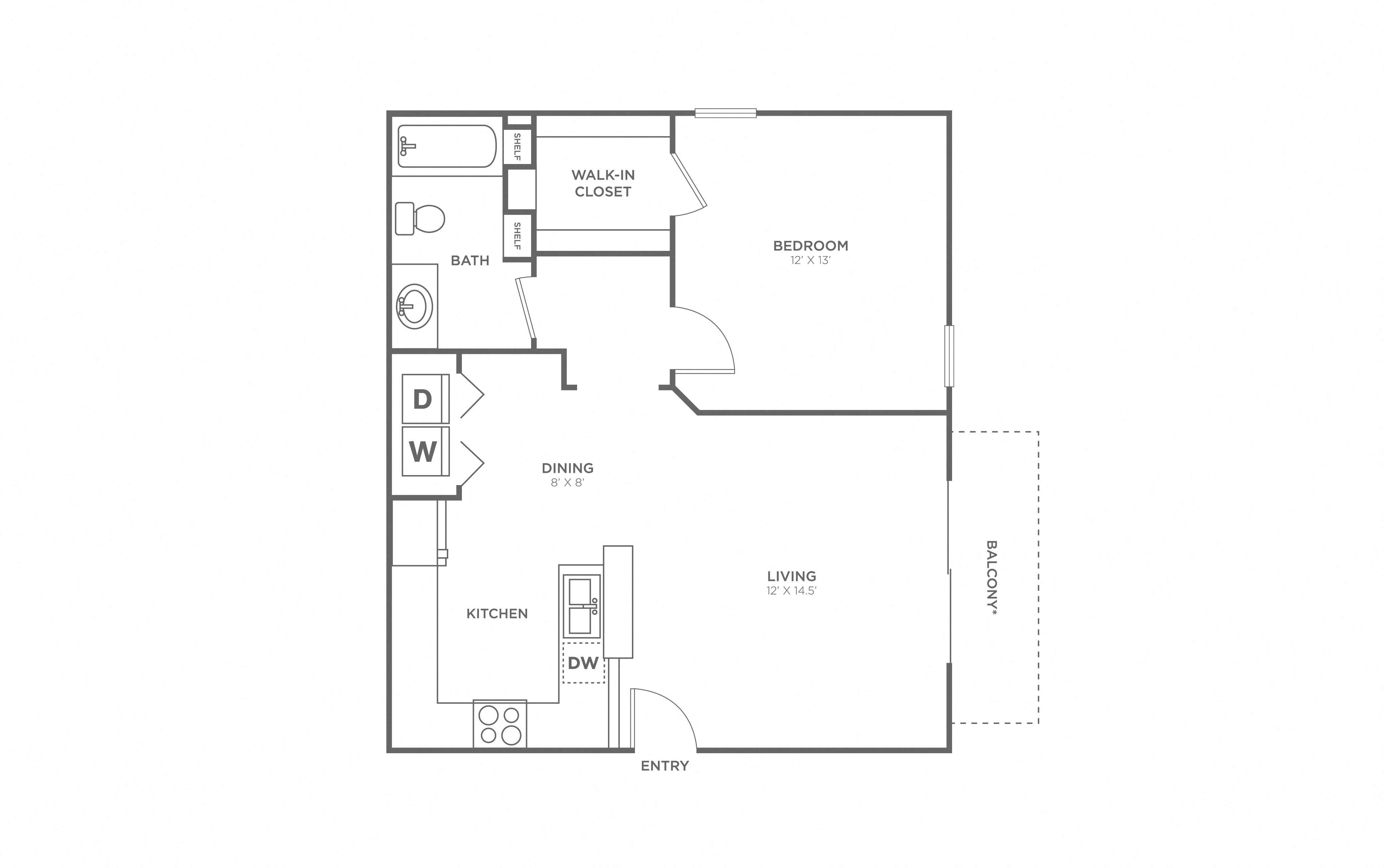 Floor plan for 1 bed, 1 bath, 753 sqft