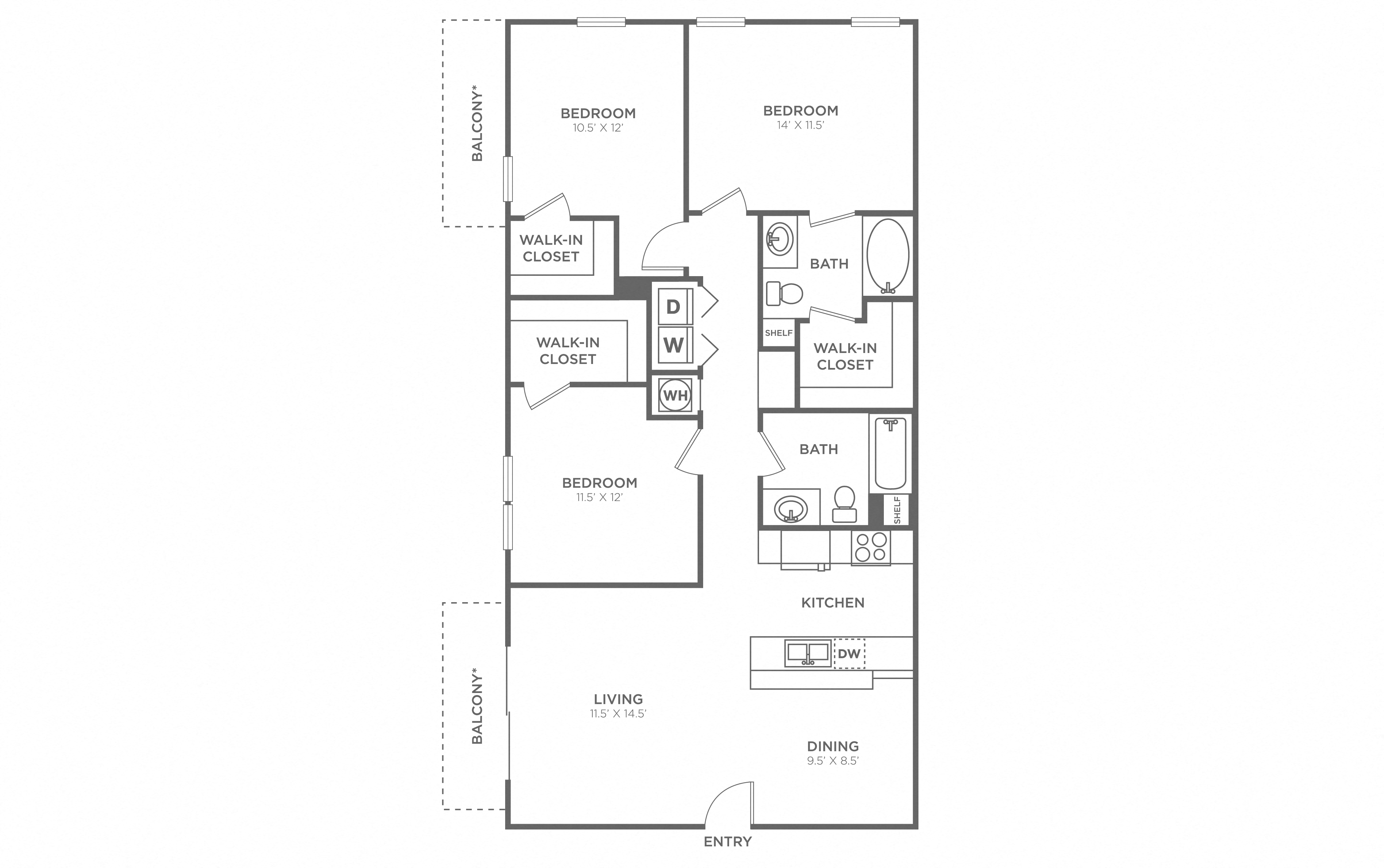 Floor plan for 3 beds, 2 baths, 1292 sqft