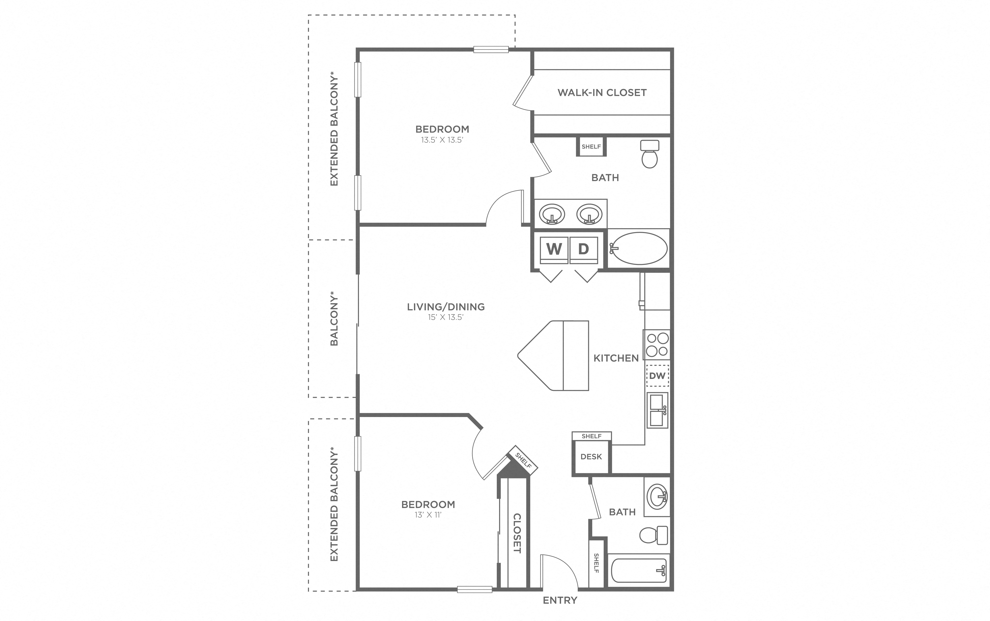 Floor plan for 2 beds, 2 baths, 1122 sqft