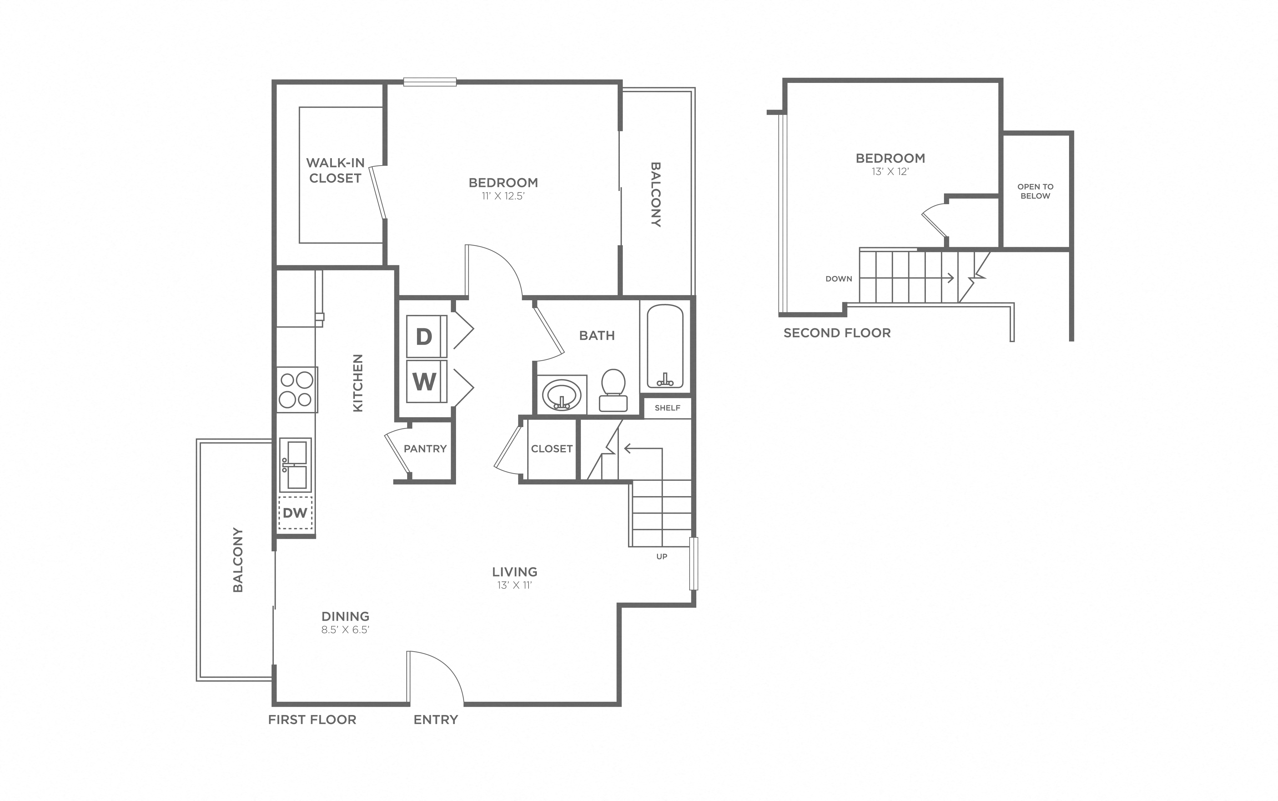 Floor plan for 1 bed, 1 bath, 841 sqft