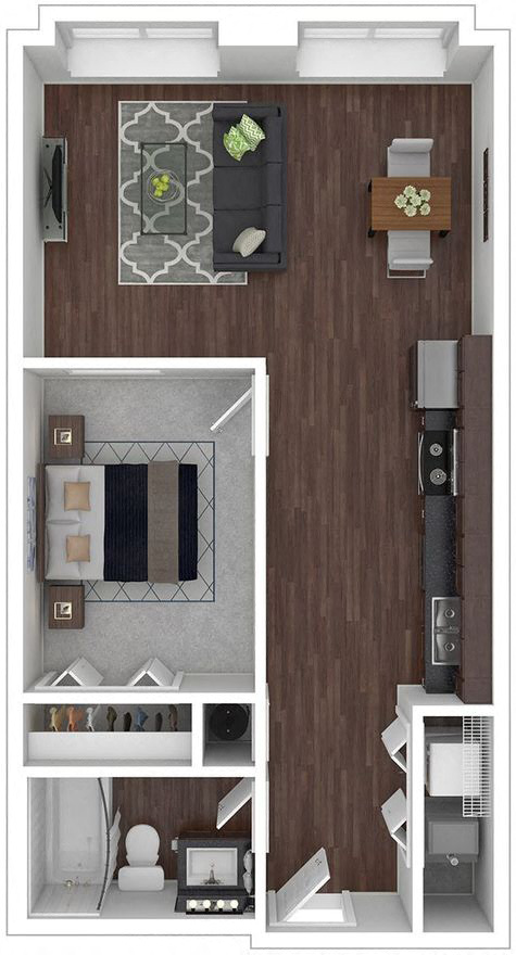 Floor plan for studio, 1 bath, 713 sqft
