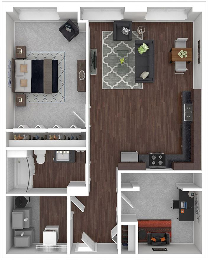 Floor plan for 1 bed, 1 bath, 890 sqft