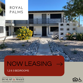 Scottsdale apartment for rent - A building with the text "ROYAL PALMS" on the top left corner and "NOW LEASING" on a red banner in the center.