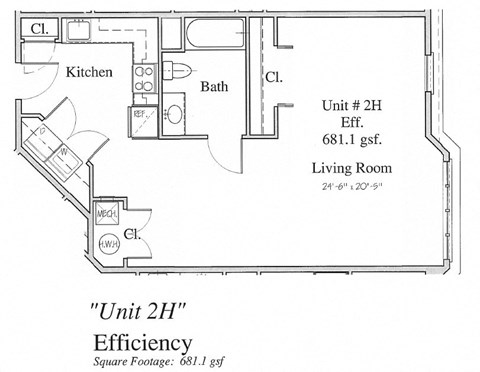 Floor plan for studio, 1 bath, 577 sqft