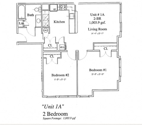 Floor plan for 2 beds, 1 bath, 1077 sqft