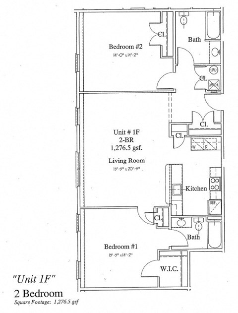 Floor plan for 2 beds, 2 baths, 1077 sqft