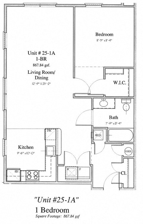 Floor plan for 1 bed, 1 bath, 950 sqft