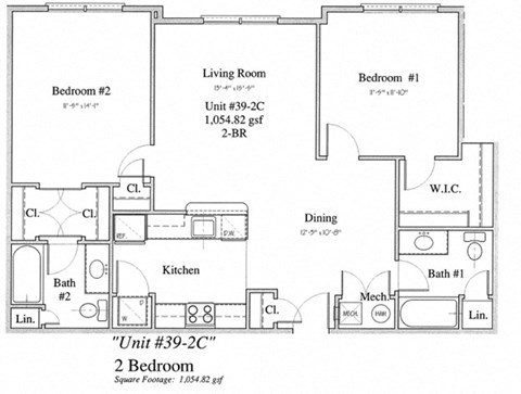 Floor plan for 2 beds, 2 baths, 1055 sqft