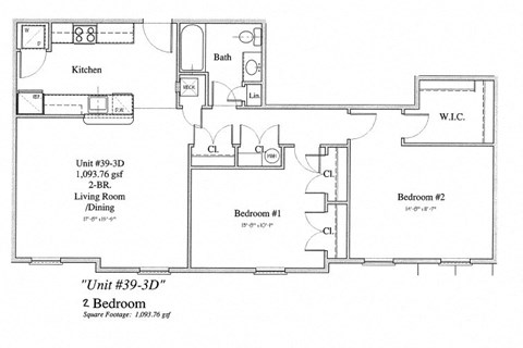 Floor plan for 2 beds, 1 bath, 909 sqft