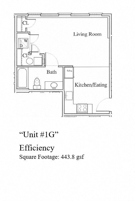 Floor plan for studio, 1 bath, 444 sqft