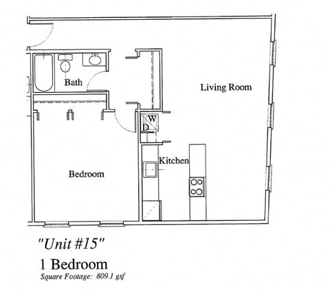 Floor plan for 1 bed, 1 bath, 648 sqft