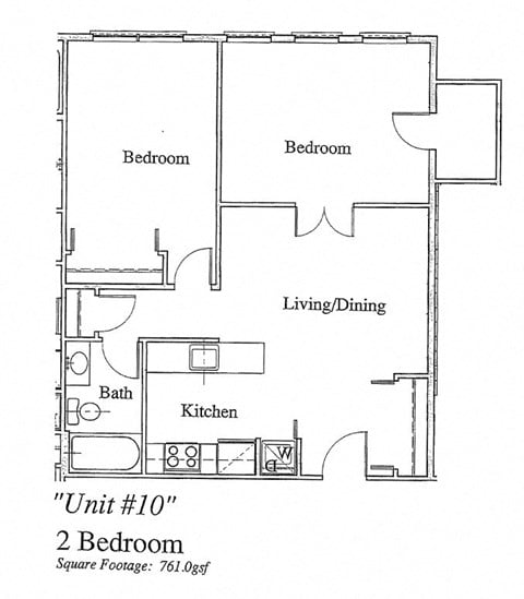 Floor plan for 2 beds, 1 bath, 809 sqft