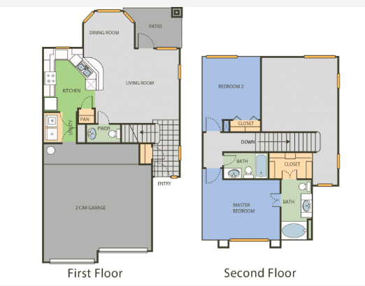 Floor plan for 2 beds, 2.5 baths, 1236 sqft