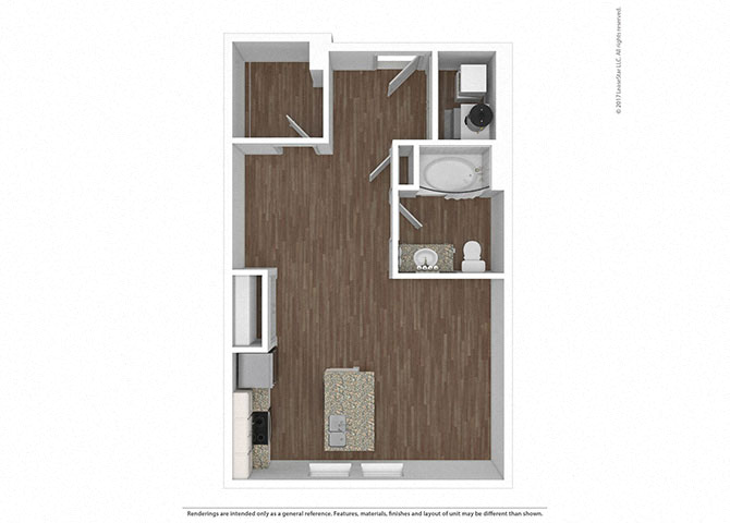 Floor plan for studio, 1 bath, 584 sqft