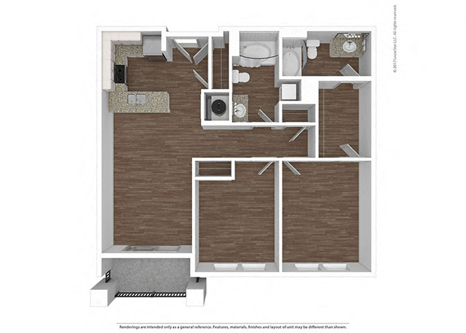 Floor plan for 2 beds, 2 baths, 1033 sqft