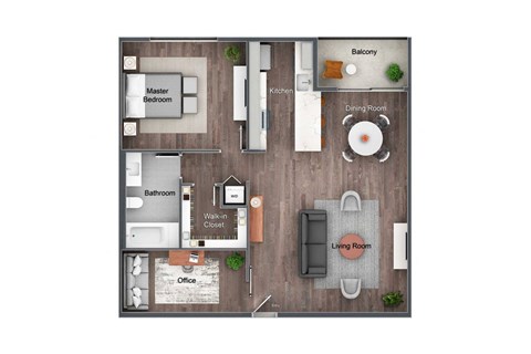 Floor plan for 1 bed, 1 bath, 1048 sqft