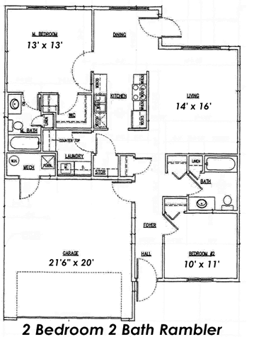Floor plan for 2 beds, 2 baths, 1150 sqft