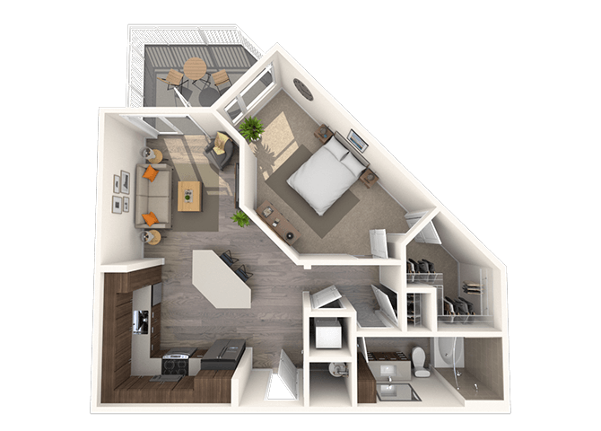 Floor plan for 1 bed, 1 bath, 728 sqft