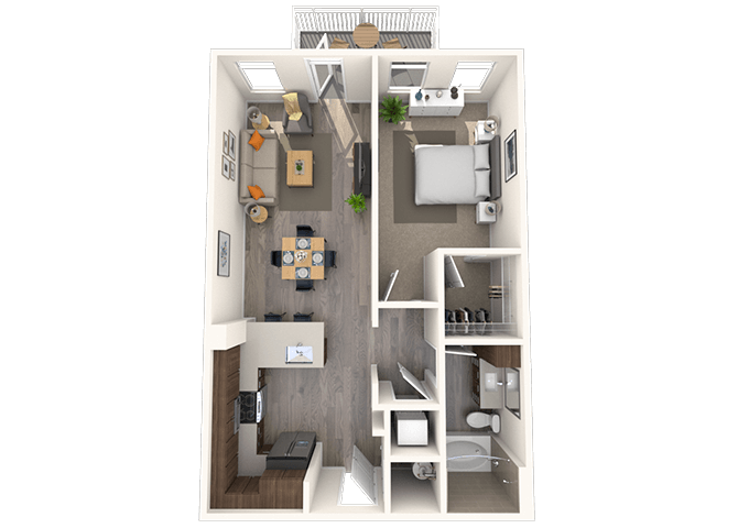 Floor plan for 1 bed, 1 bath, 749 sqft