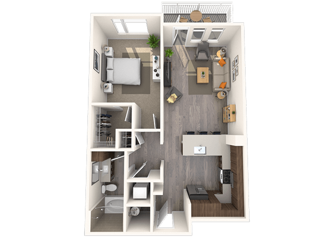 Floor plan for 1 bed, 1 bath, 756 sqft