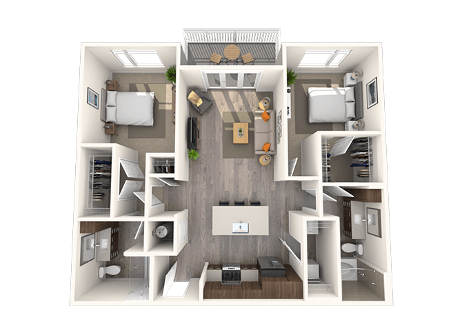 Floor plan for 2 beds, 2 baths, 1077 sqft