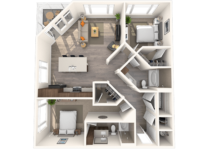 Floor plan for 2 beds, 2 baths, 1125 sqft