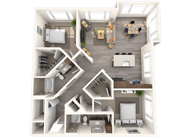 Floor plan for 2 beds, 2 baths, 1216 sqft