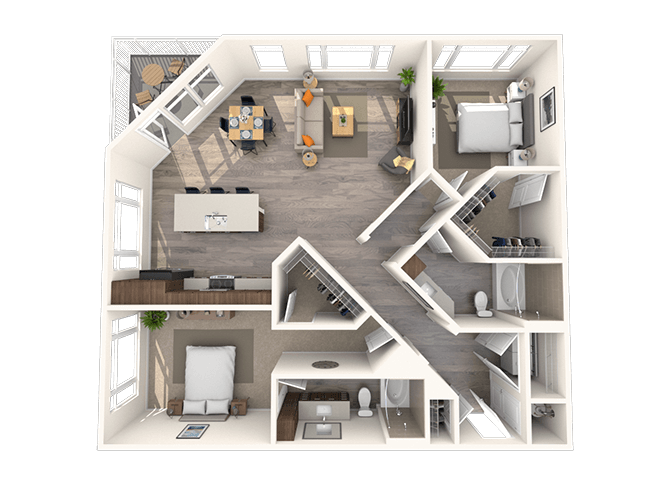 Floor plan for 2 beds, 2 baths, 1297 sqft