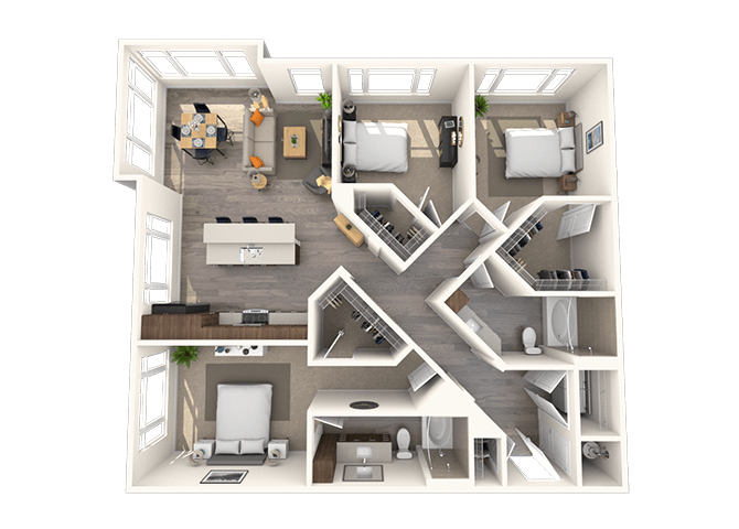 Floor plan for 3 beds, 2 baths, 1388 sqft
