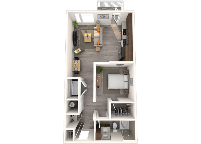 Floor plan for studio, 1 bath, 676 sqft