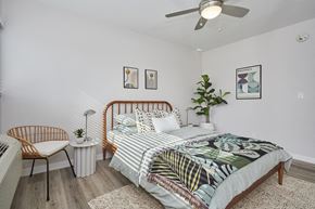 Los Angeles apartment for rent - Bedroom with full bed and chair and small table next to window