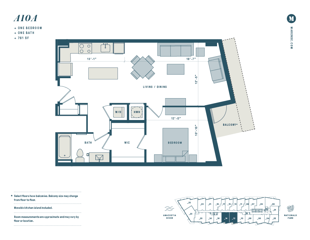 Floor plan for 1 bed, 1 bath, 761 sqft