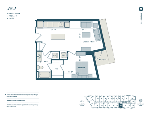 Floor plan for 1 bed, 1 bath, 632 sqft