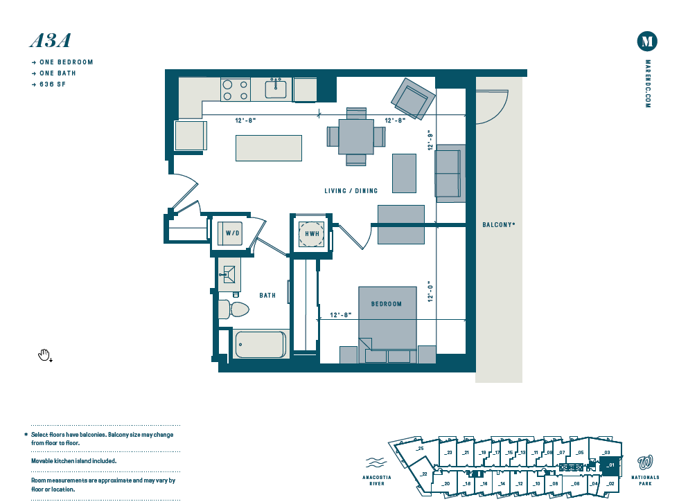 Floor plan for 1 bed, 1 bath, 636 sqft