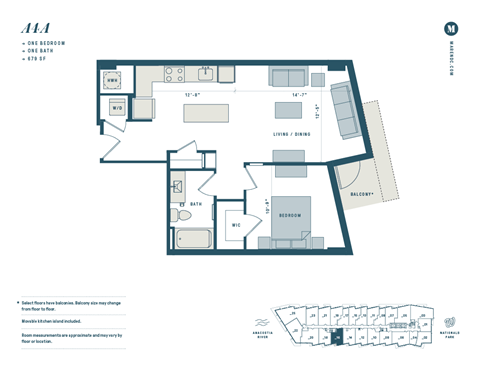 Floor plan for 1 bed, 1 bath, 679 sqft