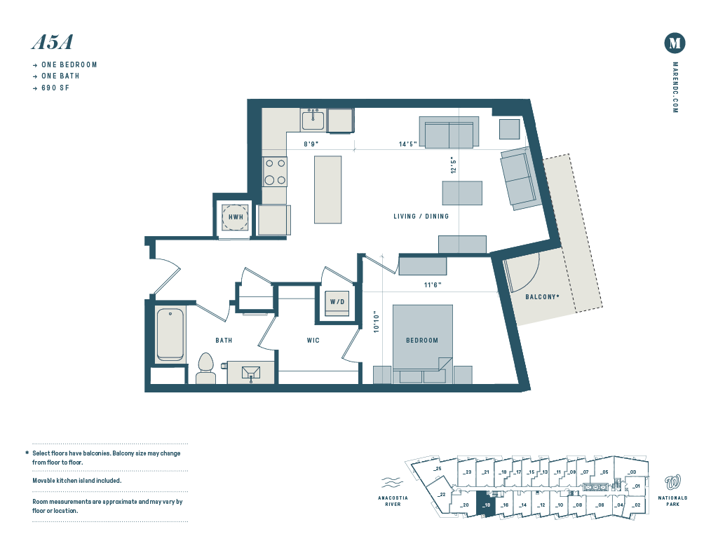Floor plan for 1 bed, 1 bath, 690 sqft